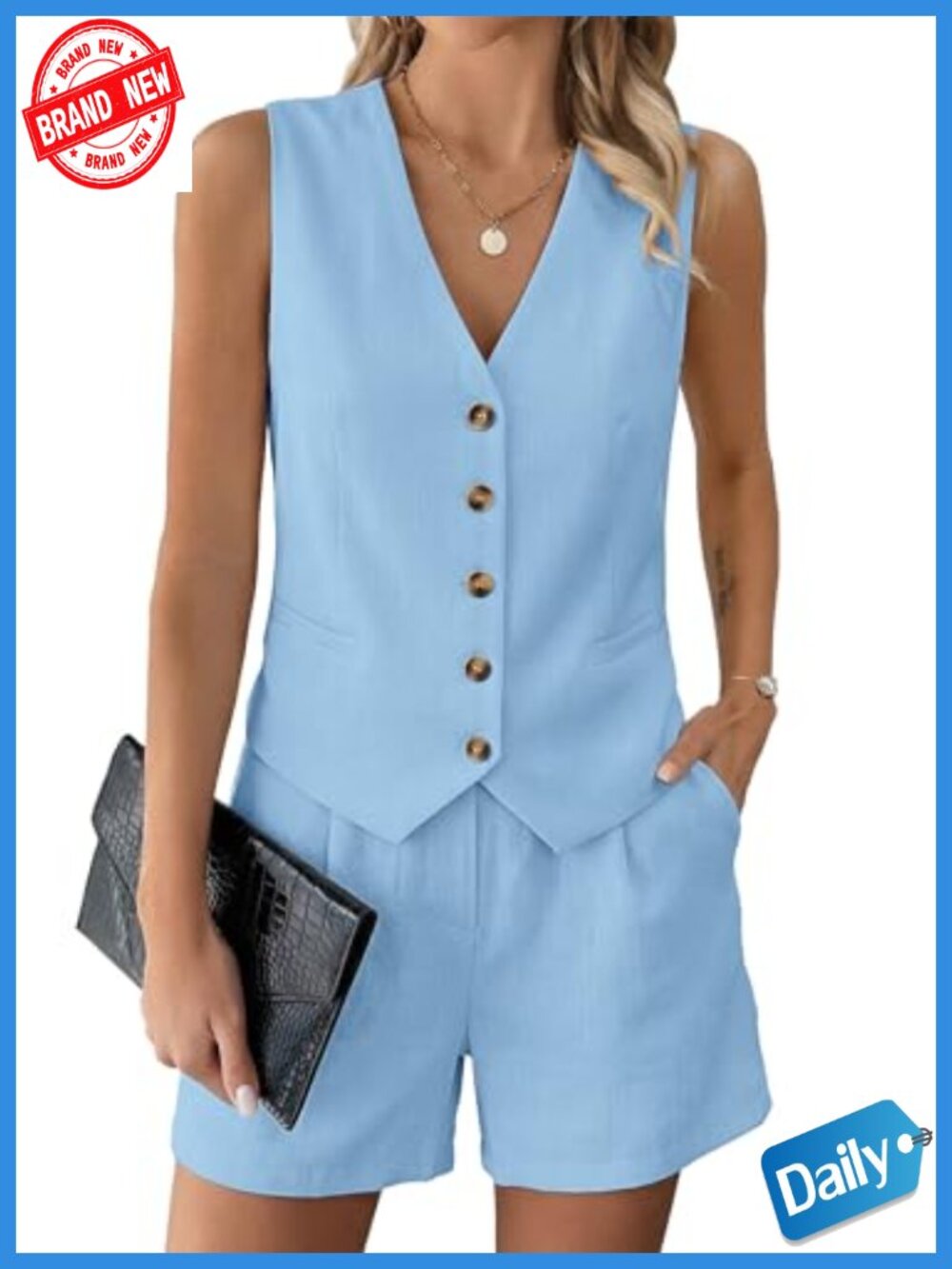 Linen-like 2 Piece Short Set with Vest Top & Pockets | Summer Outfit for Women